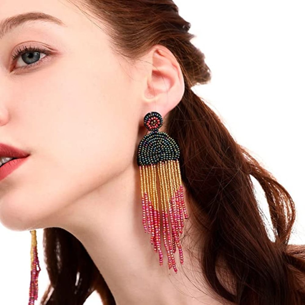 Free People ⭐️ Long Beaded Tassel Earrings - Picture 1 of 4